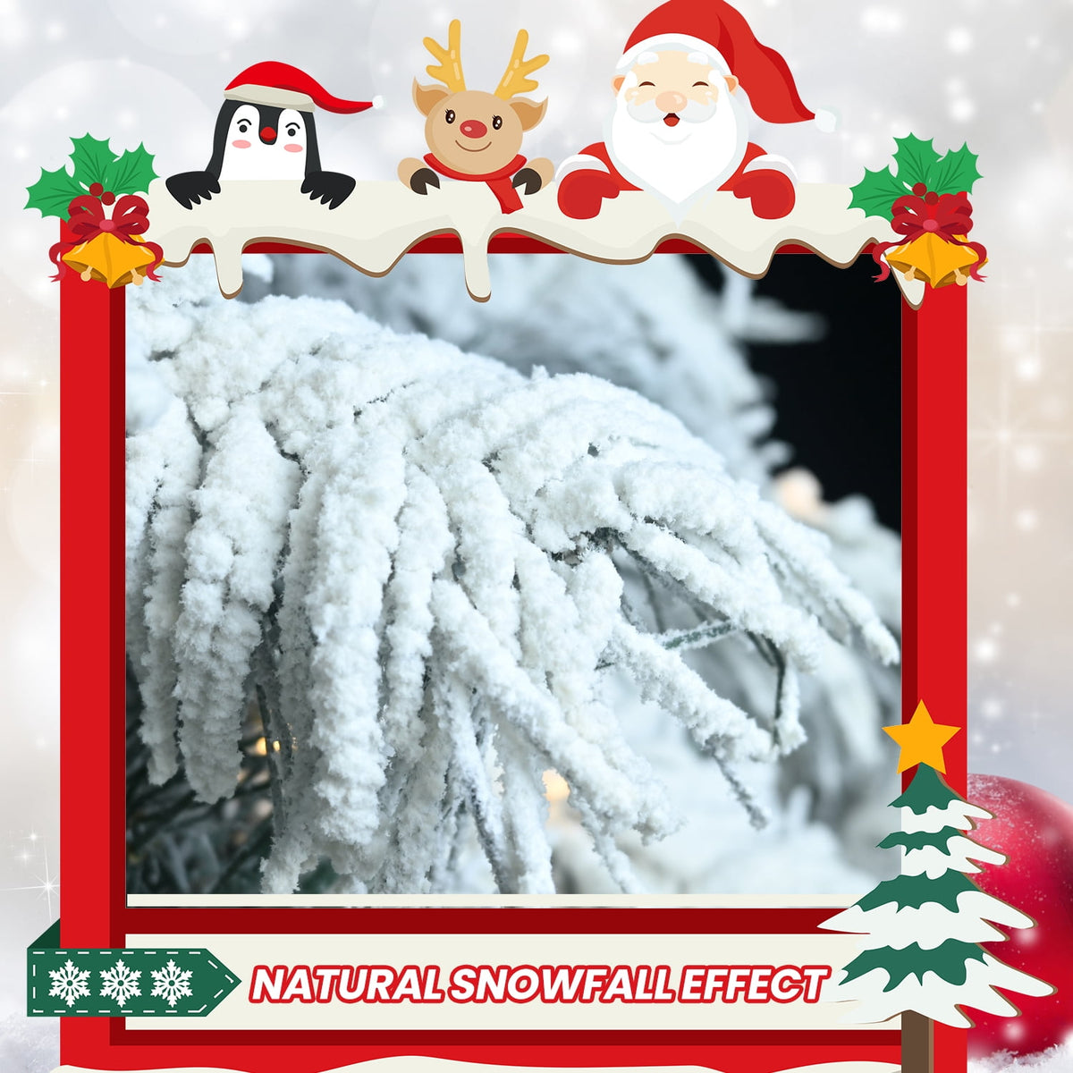 8 Ft Flocked Scarecrow-Shaped Christmas Tree with 470 Warm White LED Lights, 1242 PVC Memory Wire Tips,Power Pole & Hinged Structure , Realistic Snowy Holiday Tree