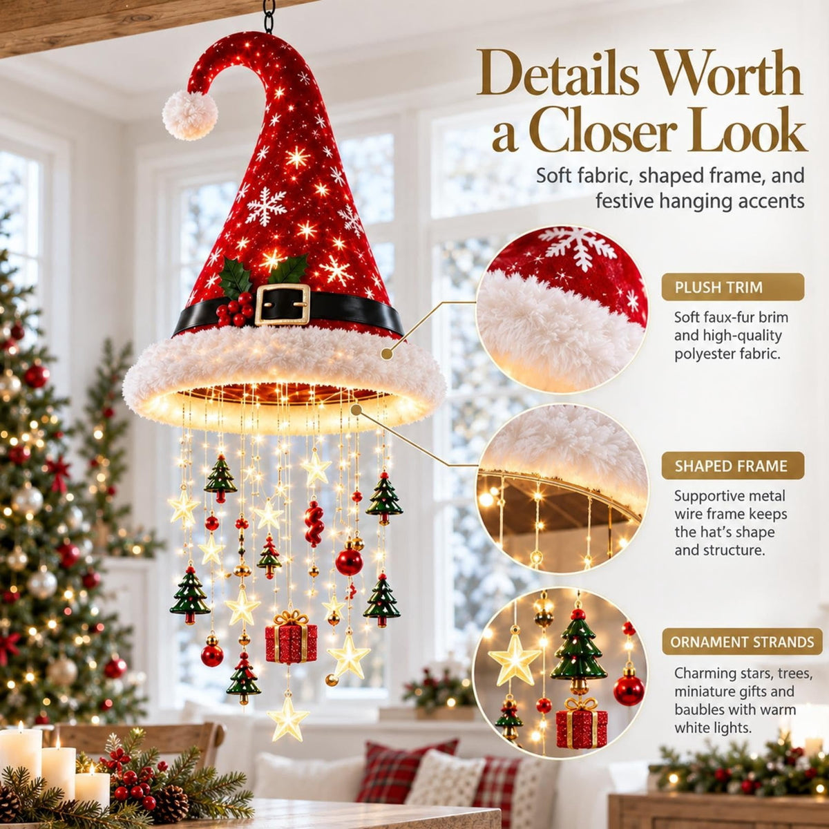 Lighted Santa Hat Hanging Chandelier Christmas Hat Lamp Decoration Indoor