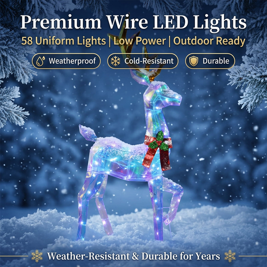 48" 3-Piece 2.5D Colorful Lighted Christmas Deer Family Outdoor Decorations, Clear-Look Reindeer Set with 145 Lights, Gold Antlers, Stakes and Zip Ties for Yard Lawn Porch Garden Holiday Decor