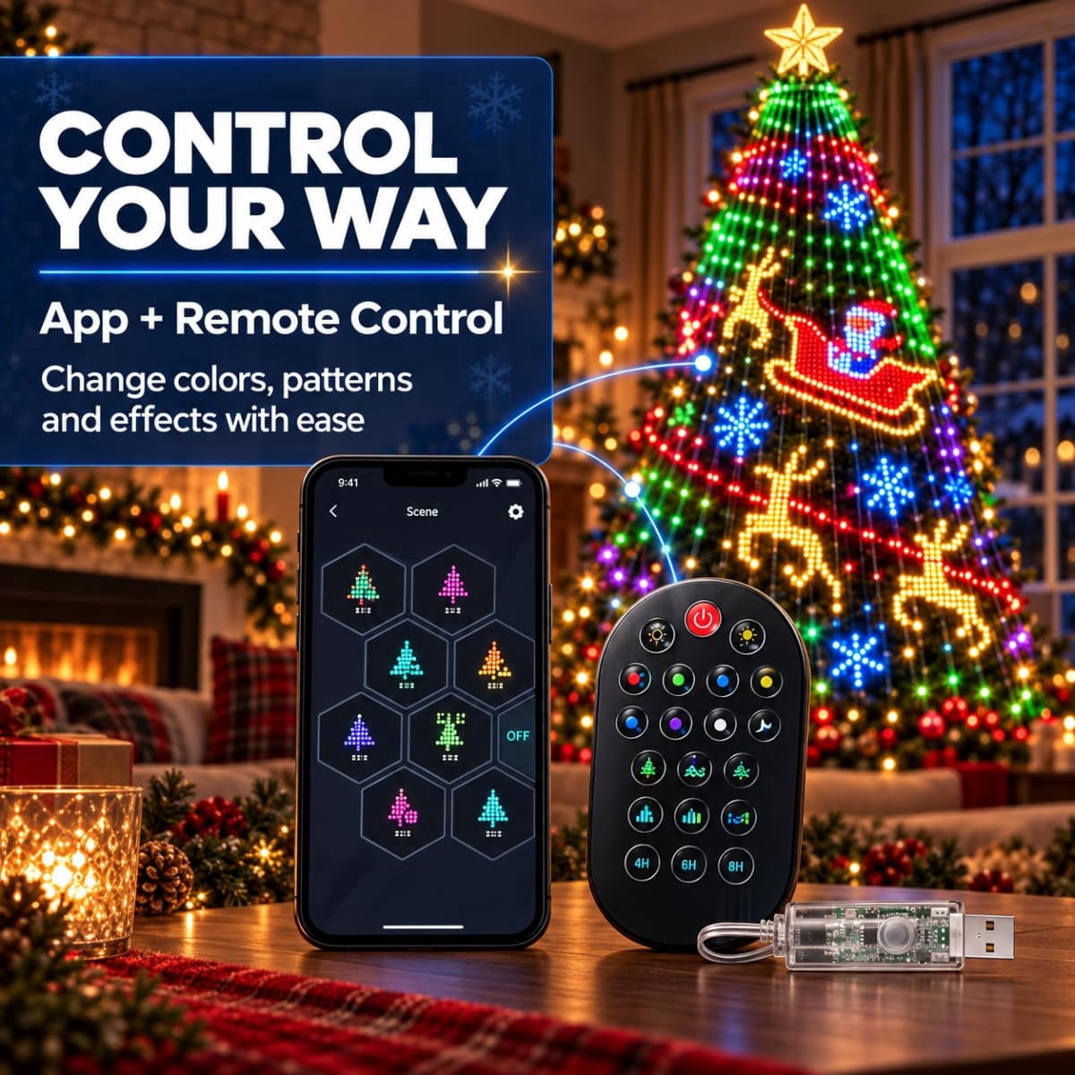 Smart Animated Christmas Tree Lights, App-Controlled DIY Animations, Animated Christmas tree lights create colorful DIY patterns, text, and effects from your phone for trees, windows, and walls