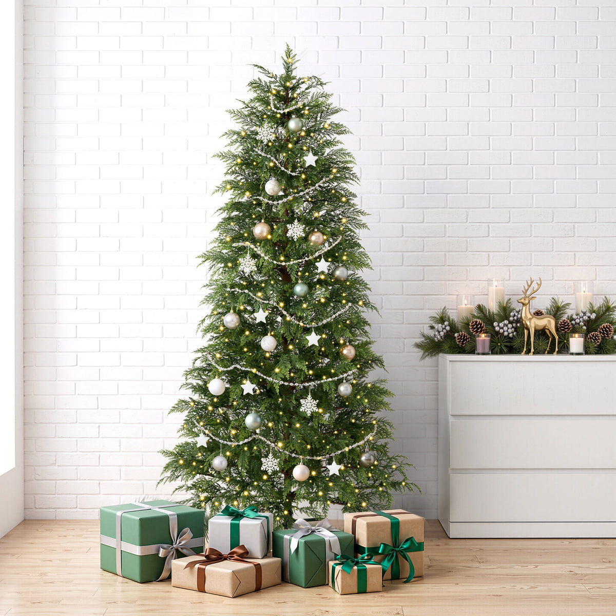 DR.Planzen 6' Pre-Lit Green Cypress Artificial Christmas Tree with 350 Warm White Twinkle LED Lights, Full-Bodied Xmas Tree with Metal Stand, Indoor Holiday Decoration