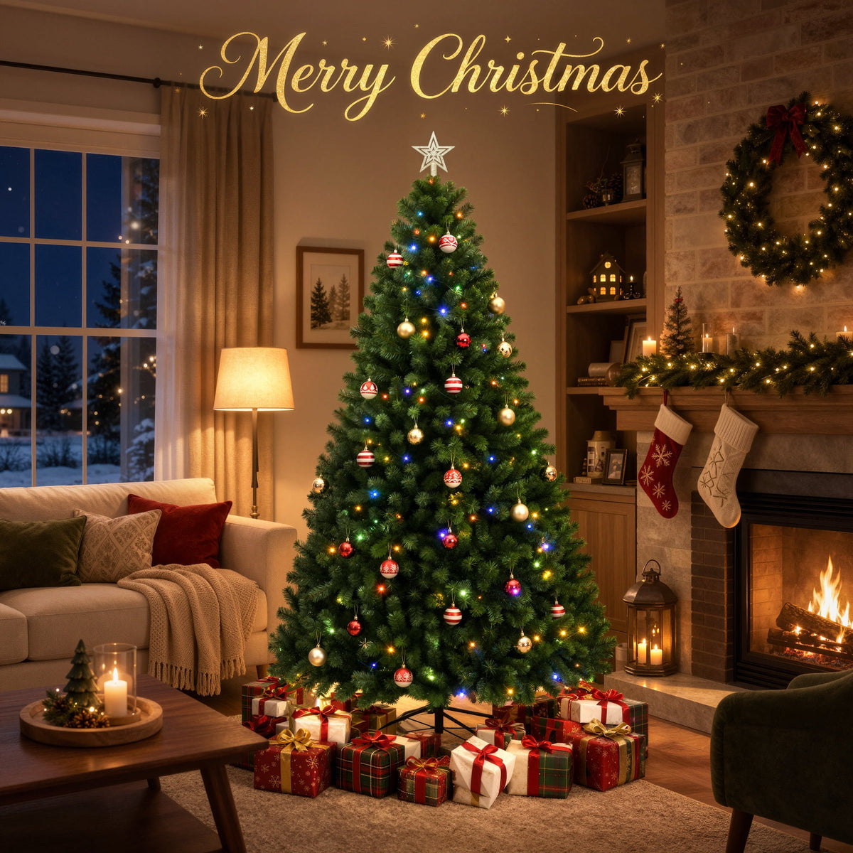 AUOSHI 7.5 FT Prelit Christmas Tree, 1600-Tip Artificial Christmas Tree with Lights, Xmas Tree with 380 LED, 11 Modes, 4 Brightness Levels, 3 Timers, Remote Control, Iron Stand, 24 Ornaments,1 Topper