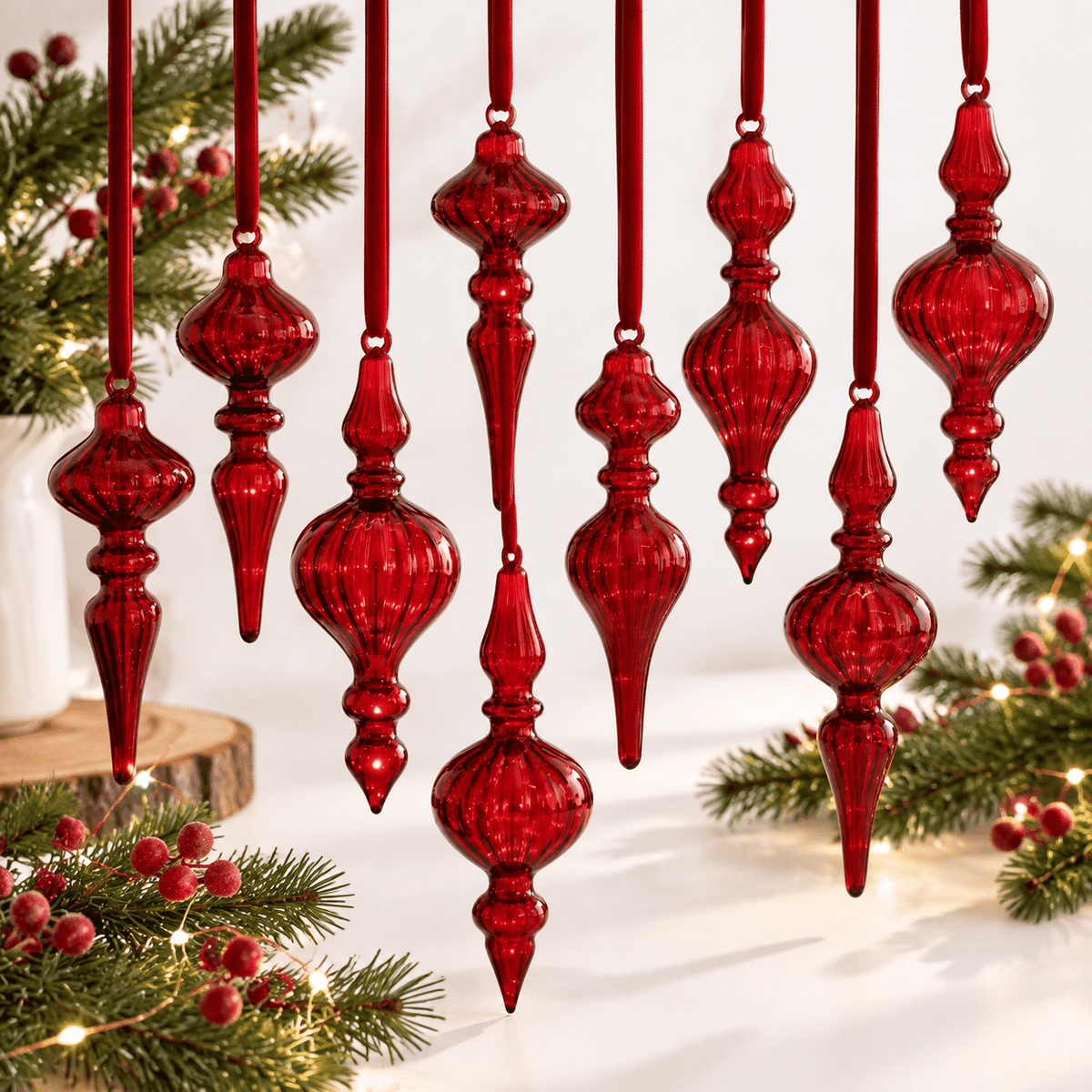 12 Burgundy Red Hand Blown Glass Finial Christmas Ornament Set