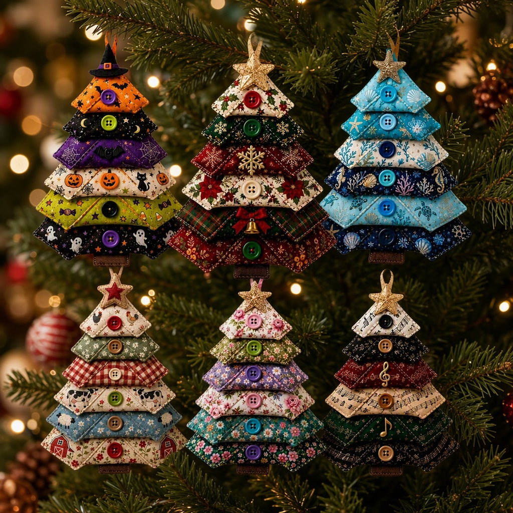 6 Pack Quilted Fabric Christmas Tree Ornament DIY Craft Set, Patchwork Xmas Tree Hanging Decoration with Buttons & Star for Farmhouse Holiday Decor