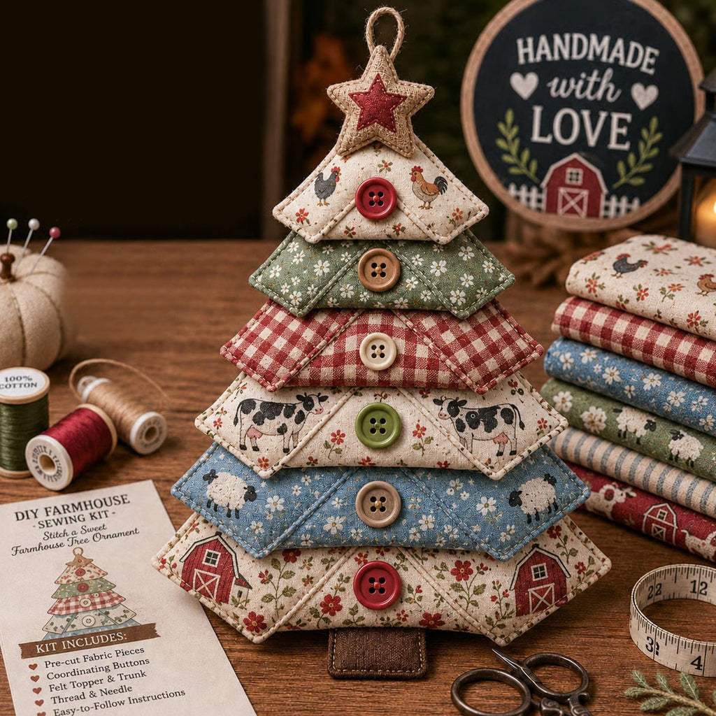 6 Pack Quilted Fabric Christmas Tree Ornament DIY Craft Set, Patchwork Xmas Tree Hanging Decoration with Buttons & Star for Farmhouse Holiday Decor