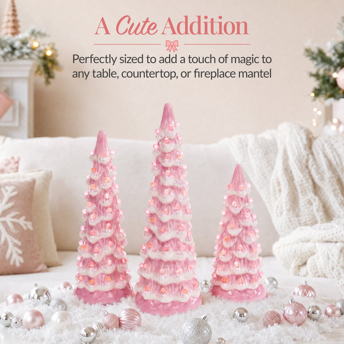 Best Choice Products Set of 3 Pre-Lit Hand-Painted Ceramic Tabletop Christmas Trees w/ Pink Bulbs - Pink