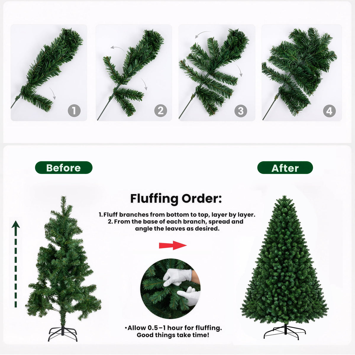 AUOSHI 7.5 FT Prelit Christmas Tree, 1600-Tip Artificial Christmas Tree with Lights, Xmas Tree with 380 LED, 11 Modes, 4 Brightness Levels, 3 Timers, Remote Control, Iron Stand, 24 Ornaments,1 Topper