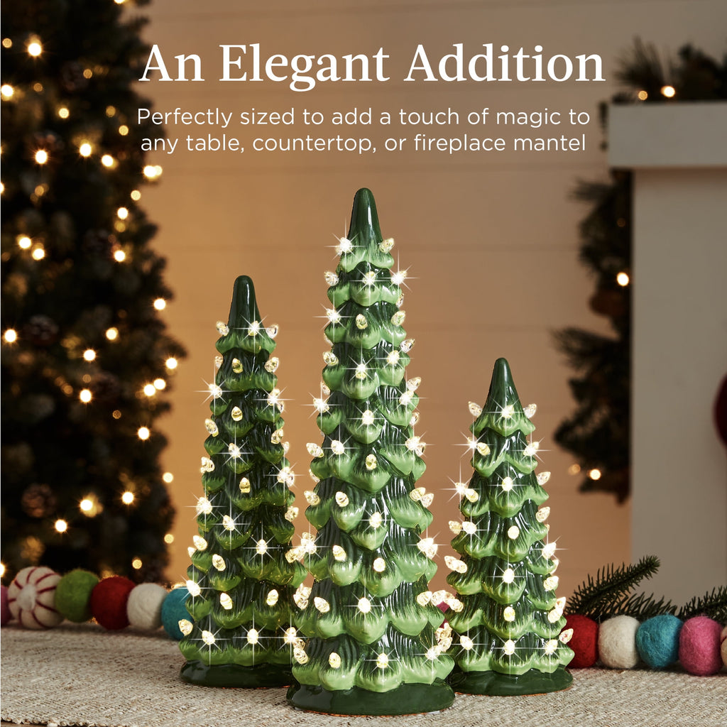 Best Choice Products Set of 3 Pre-Lit Hand-Painted Ceramic Tabletop Christmas Trees w/ Pink Bulbs - Pink