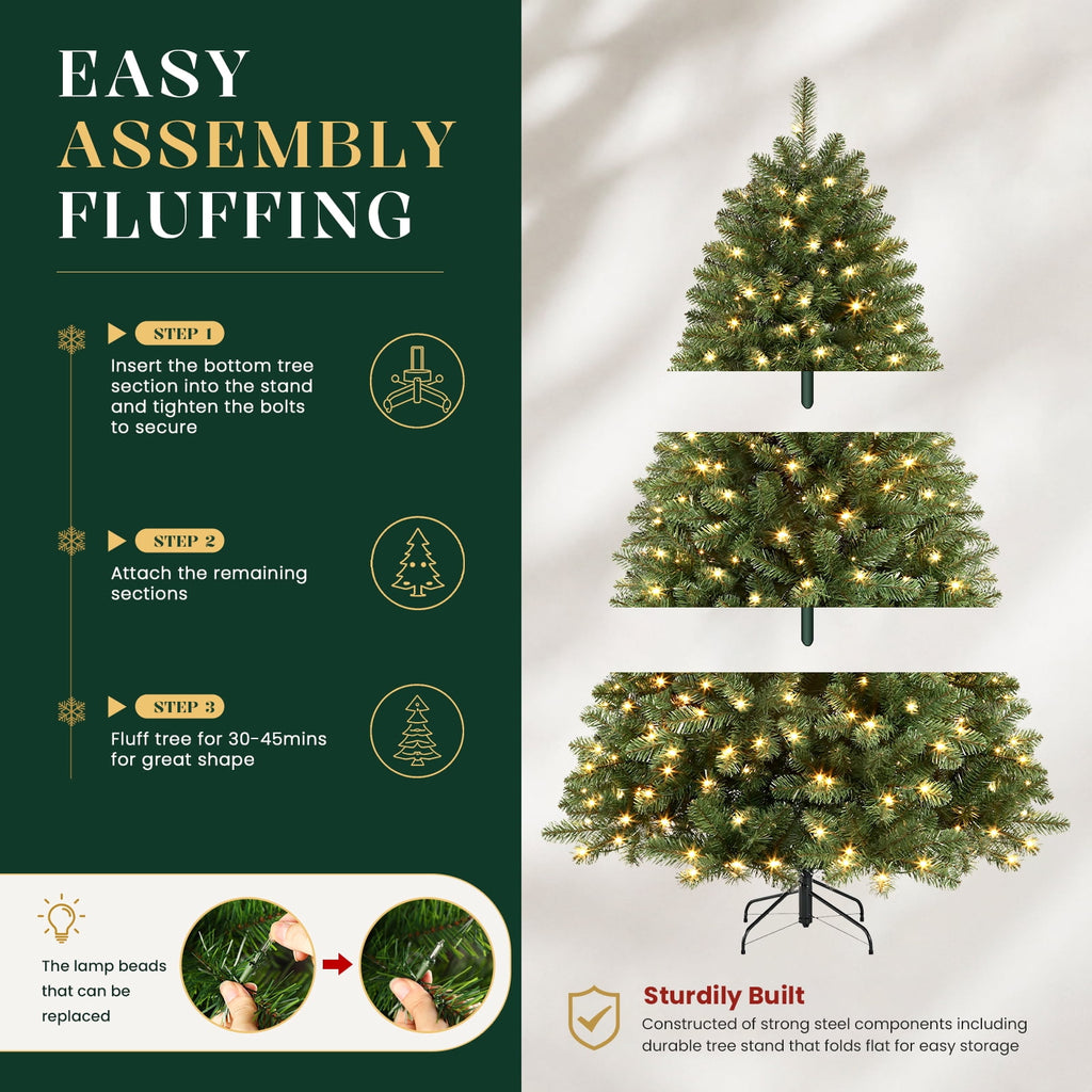 Lolsea 7ft Pre-Lit Premium Artificial Hinged Christmas Tree w/ Warm White Lights, Perfect Choice for Xmas Decoration