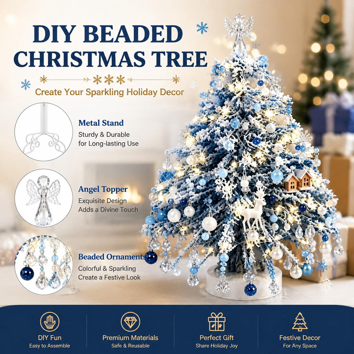 MerriBead Christmas Tree, DIY Beaded Christmas Tree Kit with Lights, Handmade Mini Desk Bead Art Holiday Decoration