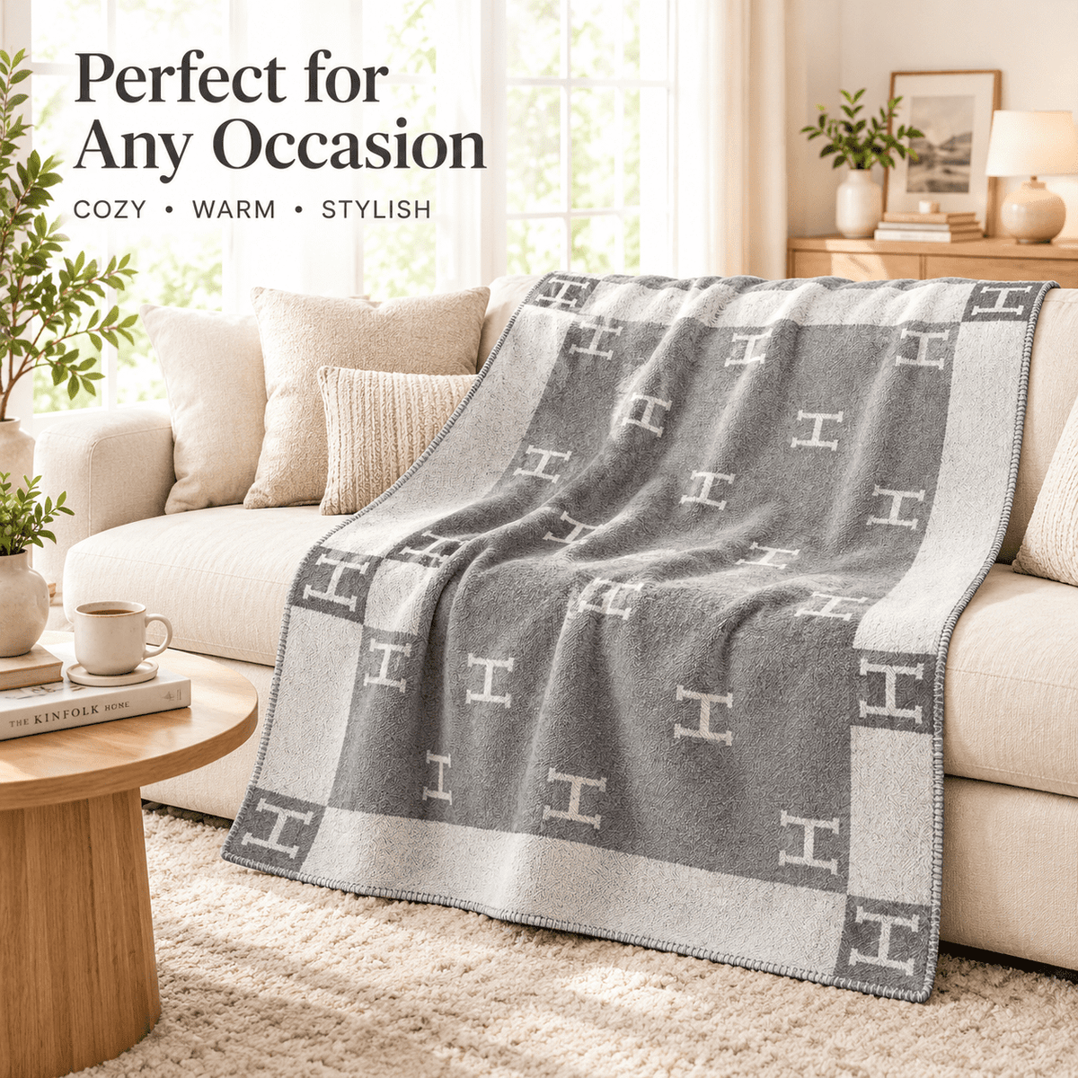 H Blanket Throw Blanket, Wool Blend Ultra Soft Warm Decorative Knit Black Blanket for Couch, Bed & Travel Christmas Thanksgiving Gift for Woman, 53" x 69"