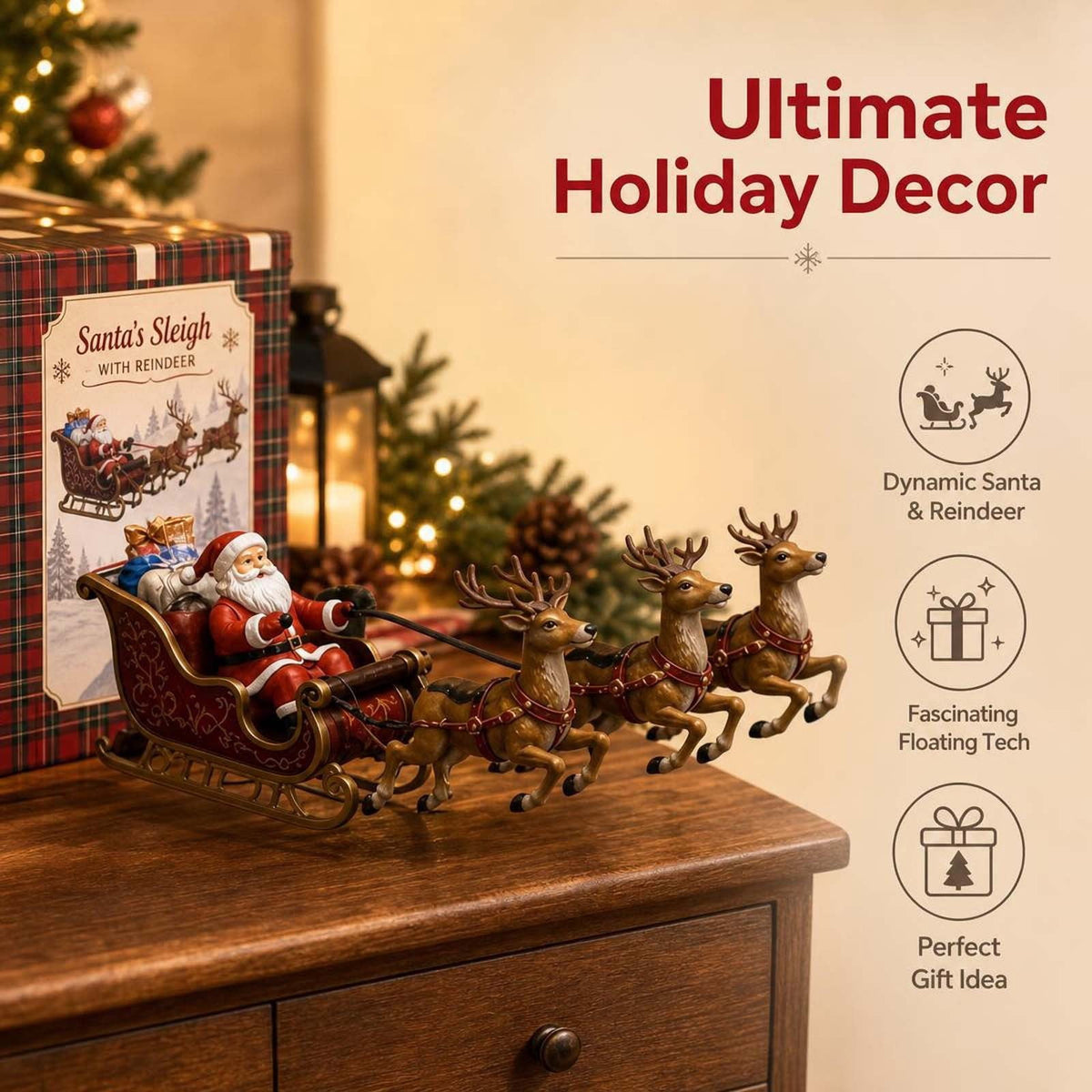 Floating Santa Sleigh, Magnetic Levitation Santa's Flying Sleigh Ornament, Santa's Flying Sleigh, Christmas Display with Built‑In Warm LED Lighting for Home, Office, Shelf & Holiday Party