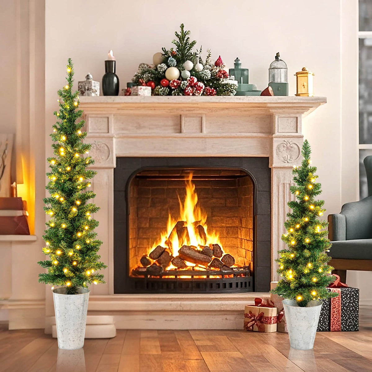 Costway 3' 4' 5' Artificial Christmas Tree Set with 30 + 50 + 70 LED Lights Holiday Decoration Tree