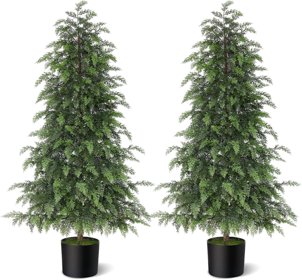 2 Set 4FT Lifelike Touch Artificial Cedar Topiary Trees for Front Porch | Fake Christmas Trees, Faux Potted Plants, UV Resistant Fake Greenery, for Front Door Garden Outdoor Farmhouse Home Decoration