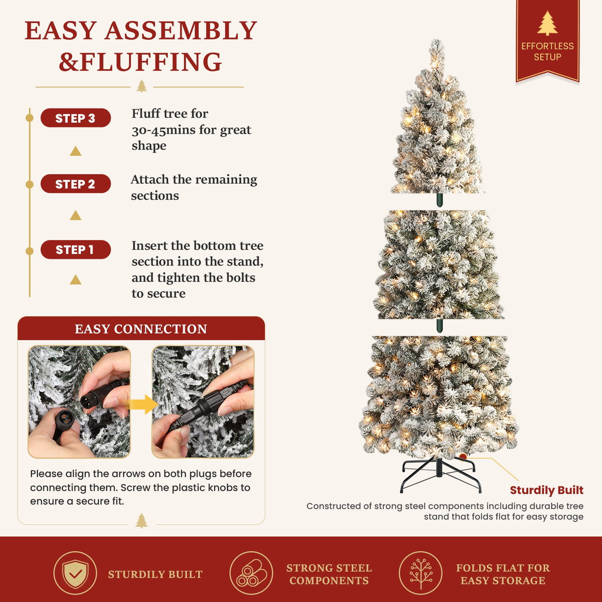 Lolsea 7ft Prelit Snow Flocked Artificial Pencil Christmas Tree with Warm White Lights, Full Branch Tips, Perfect Choice Decoration for Xmas Holiday
