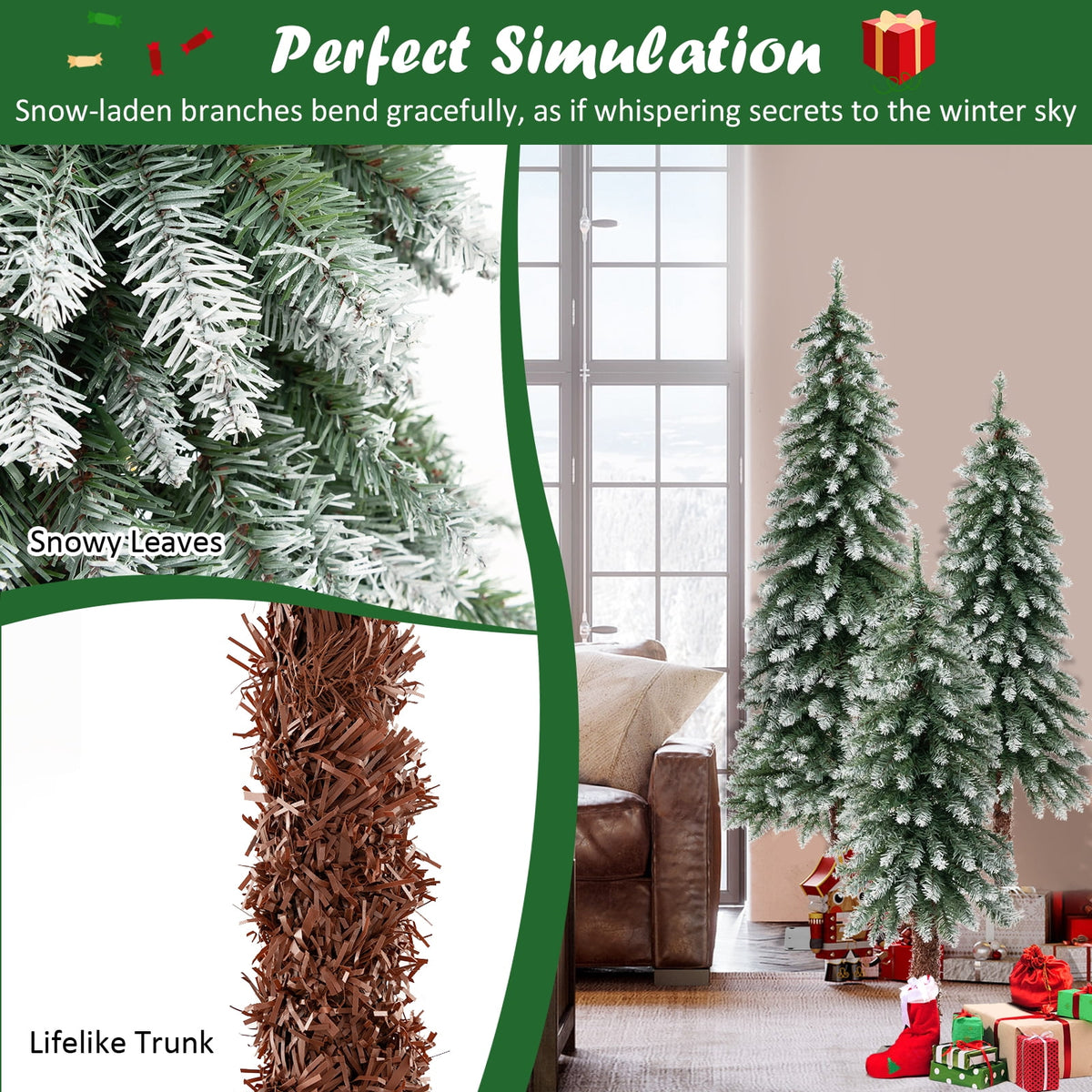 Costway Pre-Lit Christmas Tree Set of 3 Slim Artificial Lighted Xmas Decoration 3/4/5 FT