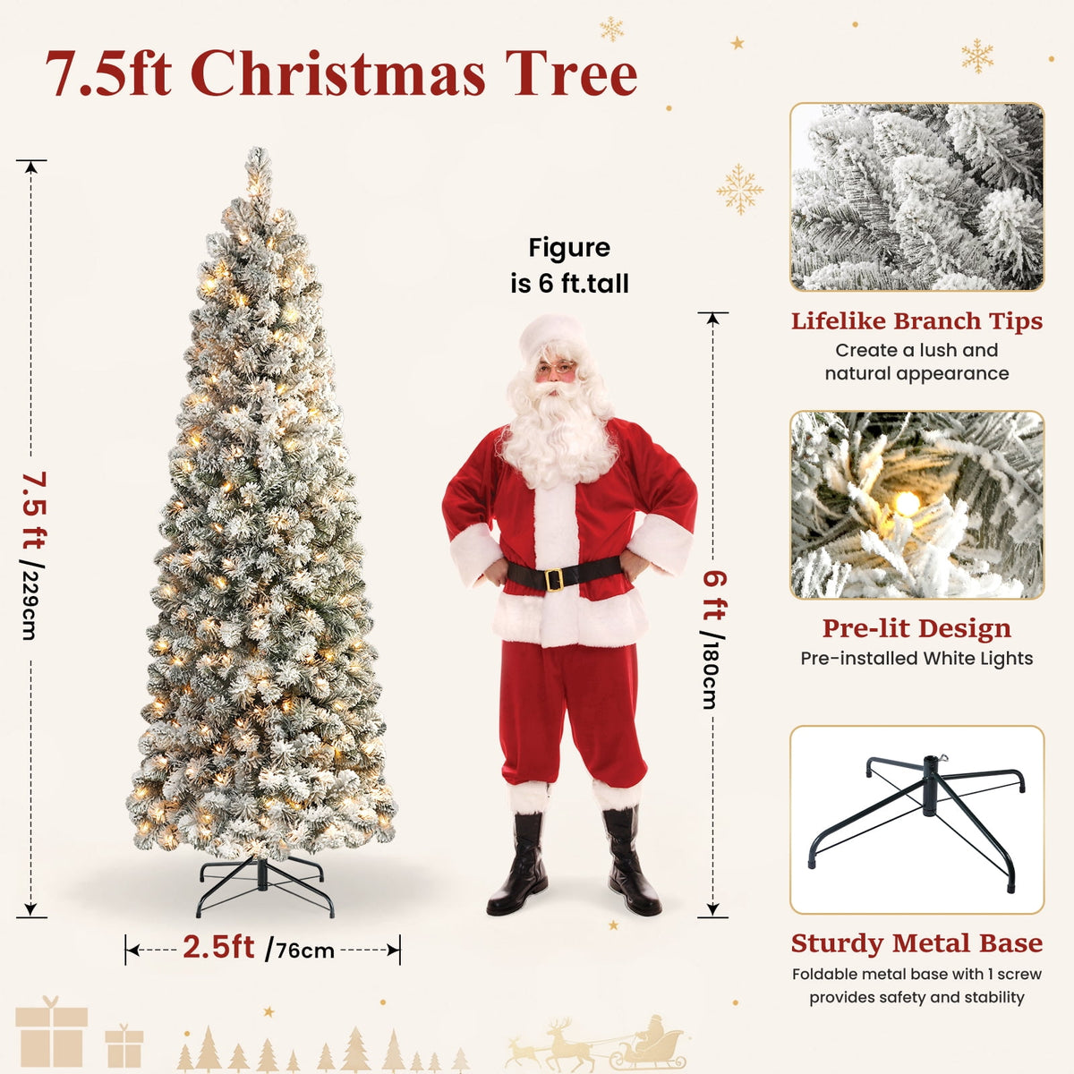Lolsea 7ft Prelit Snow Flocked Artificial Pencil Christmas Tree with Warm White Lights, Full Branch Tips, Perfect Choice Decoration for Xmas Holiday