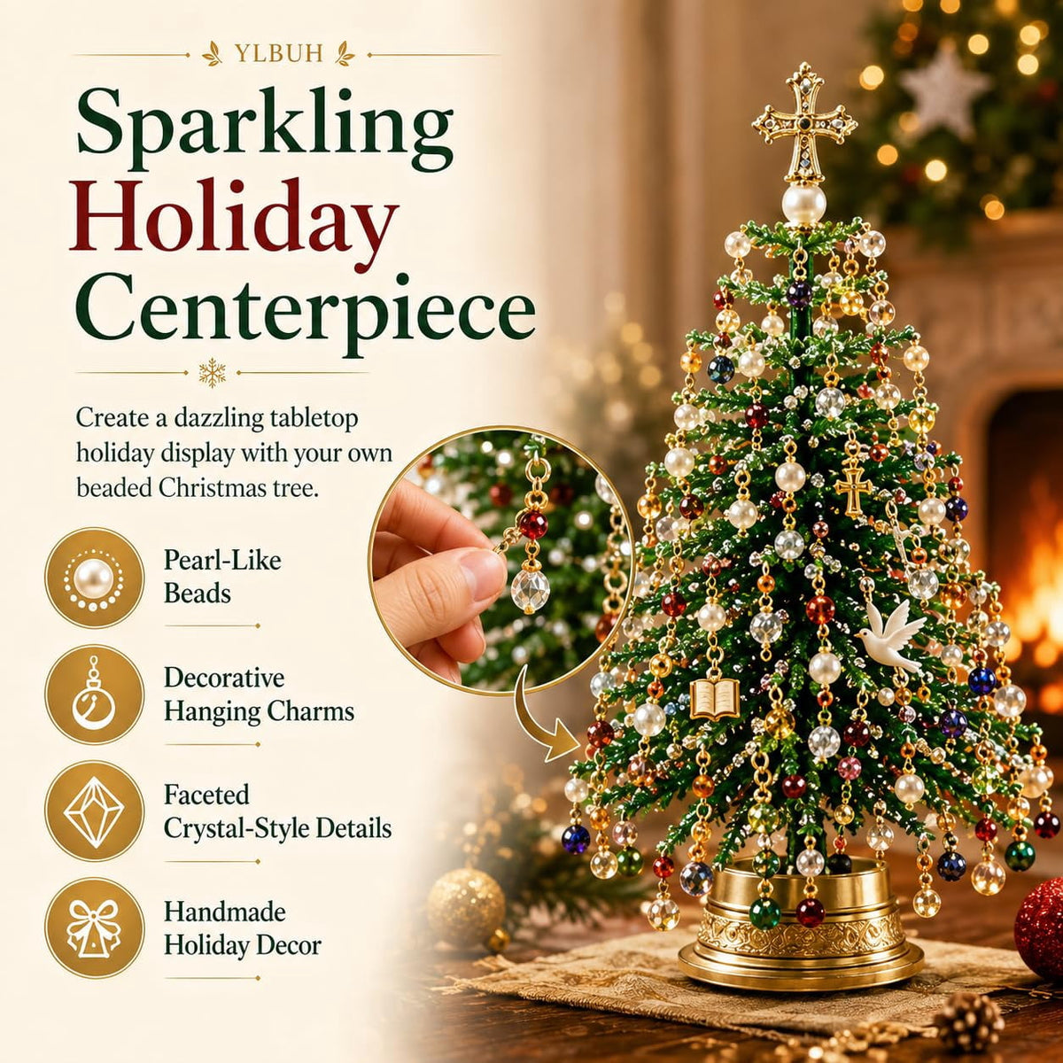 HIJUNE DIY Beaded Christmas Tree Kit, 3D Crystal Bead Holiday Craft Set, Colorful beads and wire, 3D tabletop tree design, compact holiday decor, creative Christmas project for adults