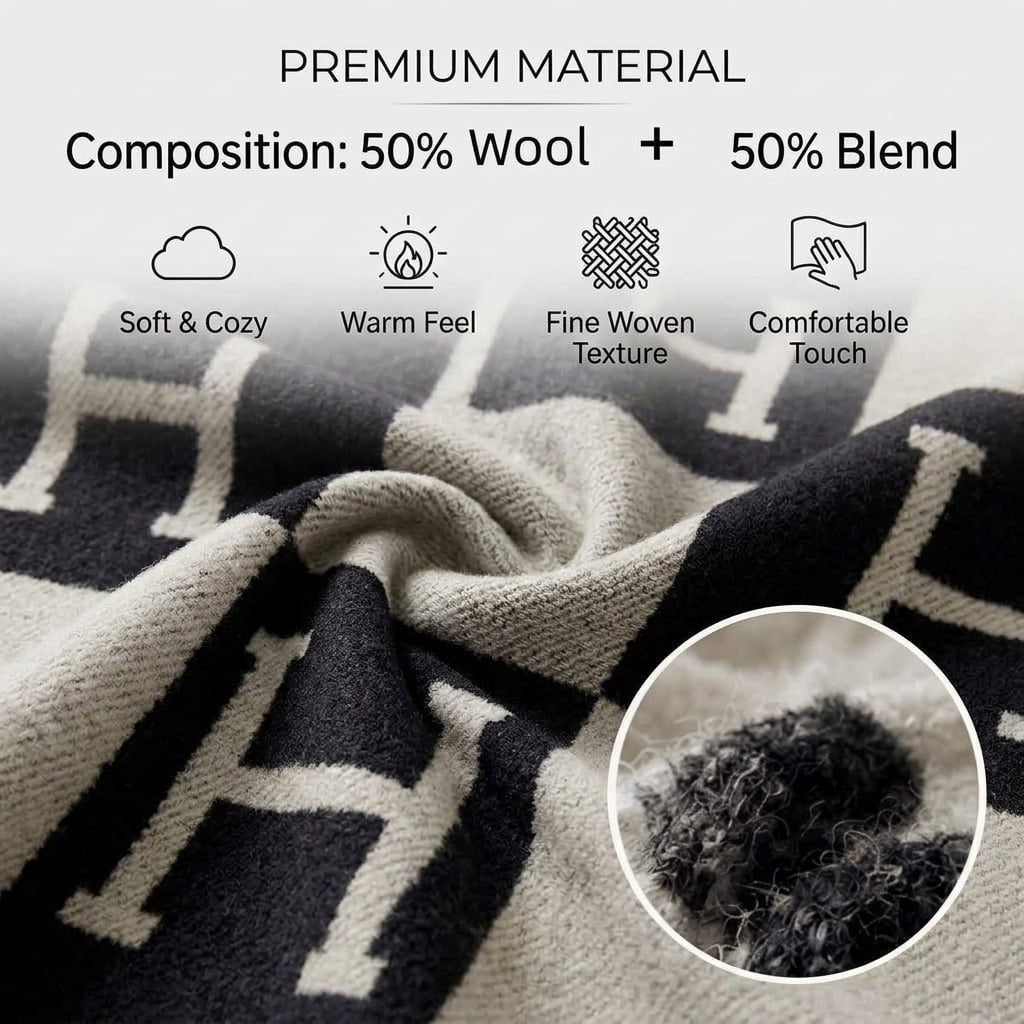 H Blanket Throw Blanket, Wool Blend Ultra Soft Warm Decorative Knit Black Blanket for Couch, Bed & Travel Christmas Thanksgiving Gift for Woman, 53" x 69"