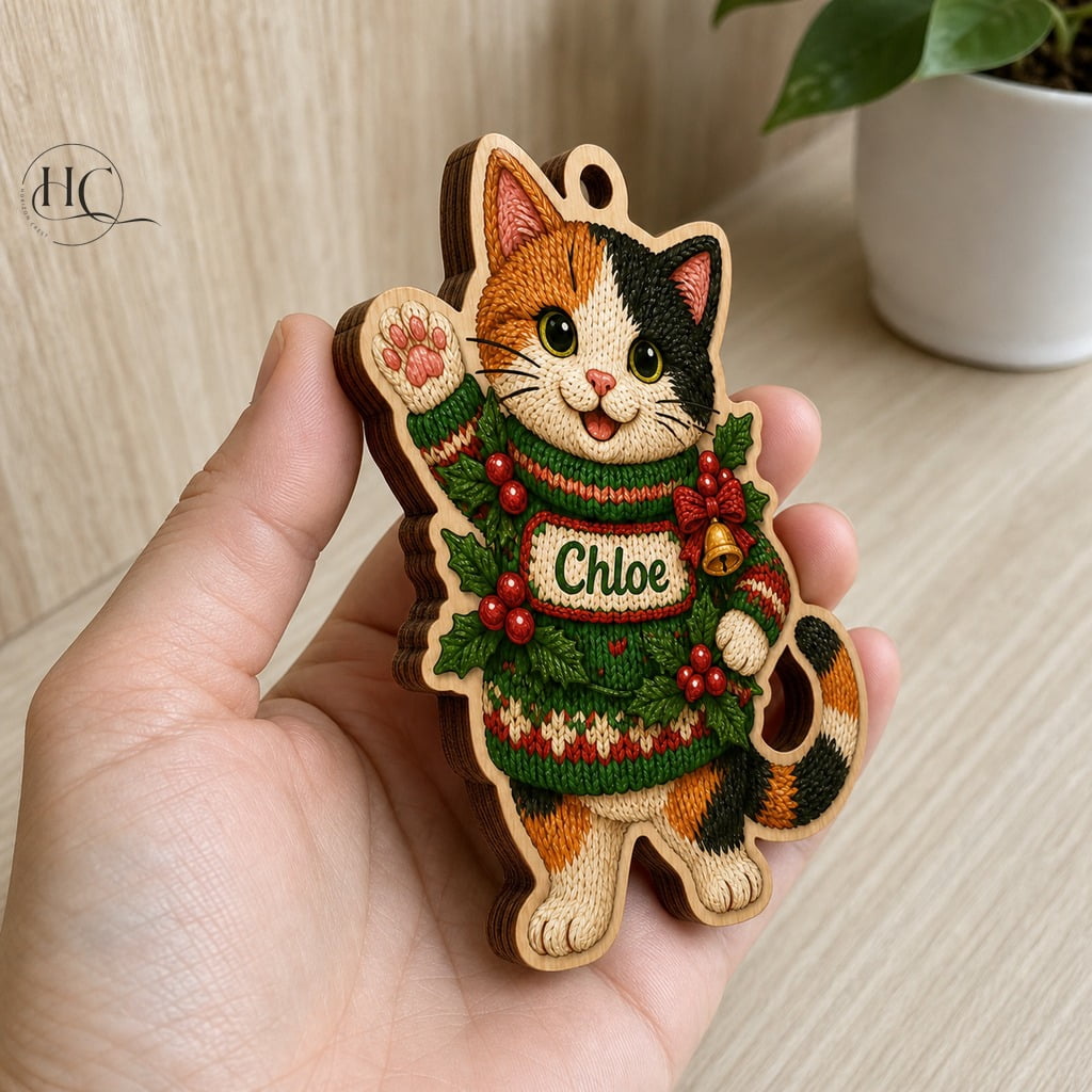 Wooden Ornament Christmas Calico Cat Sweater Wood Tree Hanging for Cat Lovers