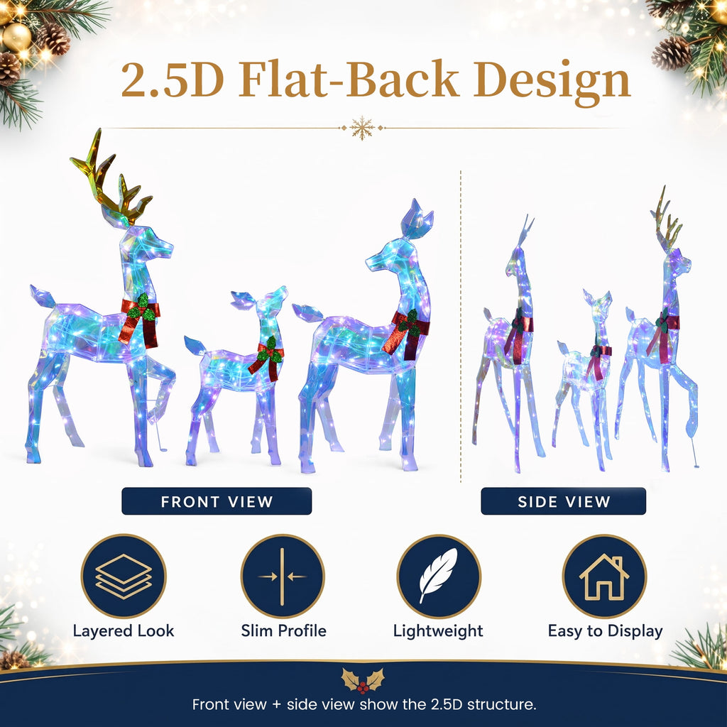 48" 3-Piece 2.5D Colorful Lighted Christmas Deer Family Outdoor Decorations, Clear-Look Reindeer Set with 145 Lights, Gold Antlers, Stakes and Zip Ties for Yard Lawn Porch Garden Holiday Decor