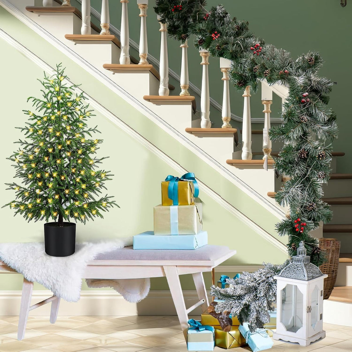 2 Set 4FT Lifelike Touch Artificial Cedar Topiary Trees for Front Porch | Fake Christmas Trees, Faux Potted Plants, UV Resistant Fake Greenery, for Front Door Garden Outdoor Farmhouse Home Decoration