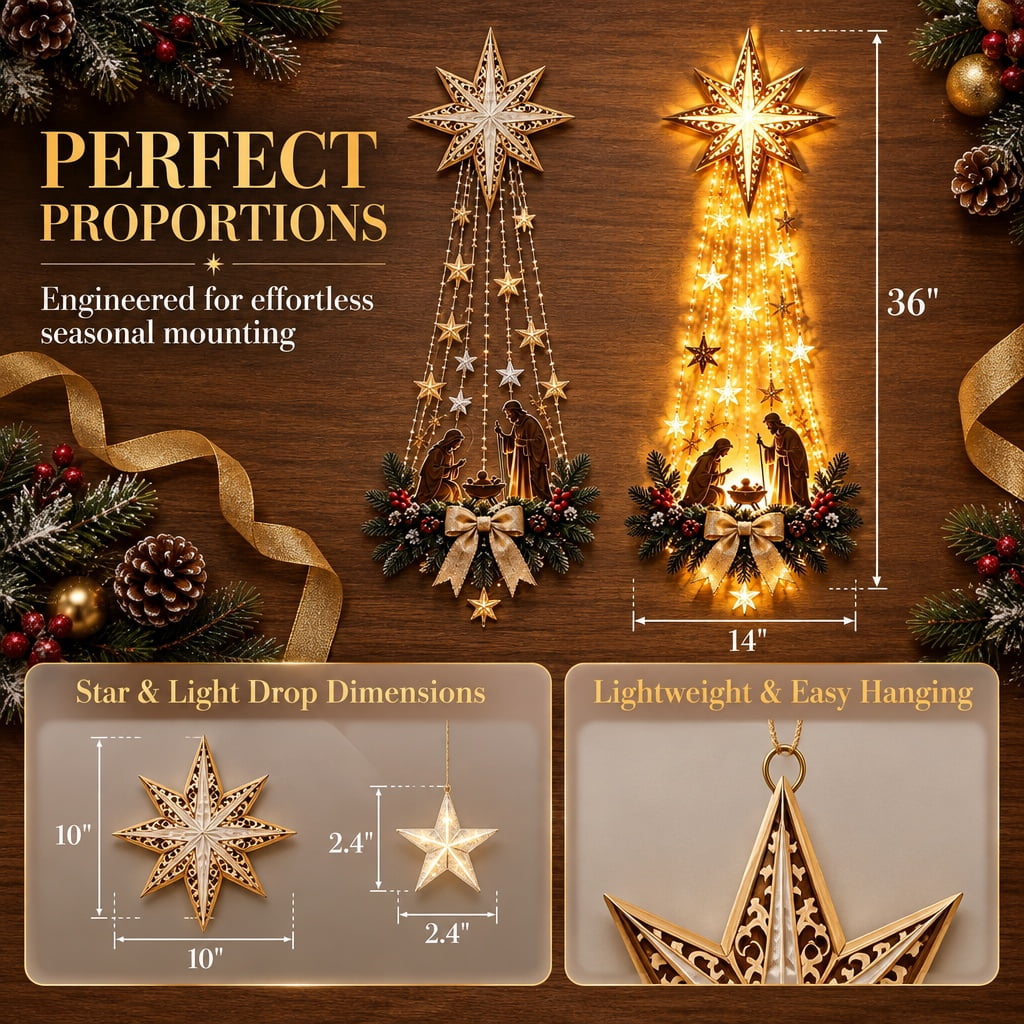 Christmas Decor,Lighted Nativity Bethlehem Star Wall Decor – Warm LED Star Lights, Gold, Indoor & Outdoor Christmas Wall Hanging