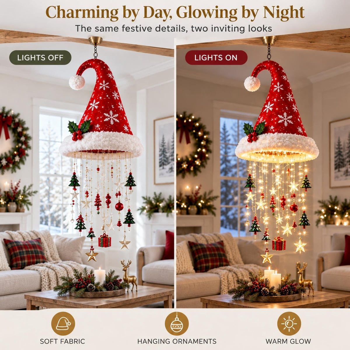 Lighted Santa Hat Hanging Chandelier Christmas Hat Lamp Decoration Indoor