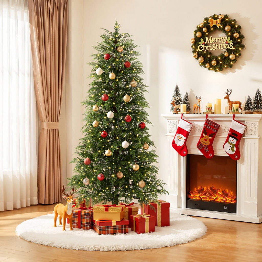 DR.Planzen 6' Pre-Lit Green Cypress Artificial Christmas Tree with 350 Warm White Twinkle LED Lights, Full-Bodied Xmas Tree with Metal Stand, Indoor Holiday Decoration