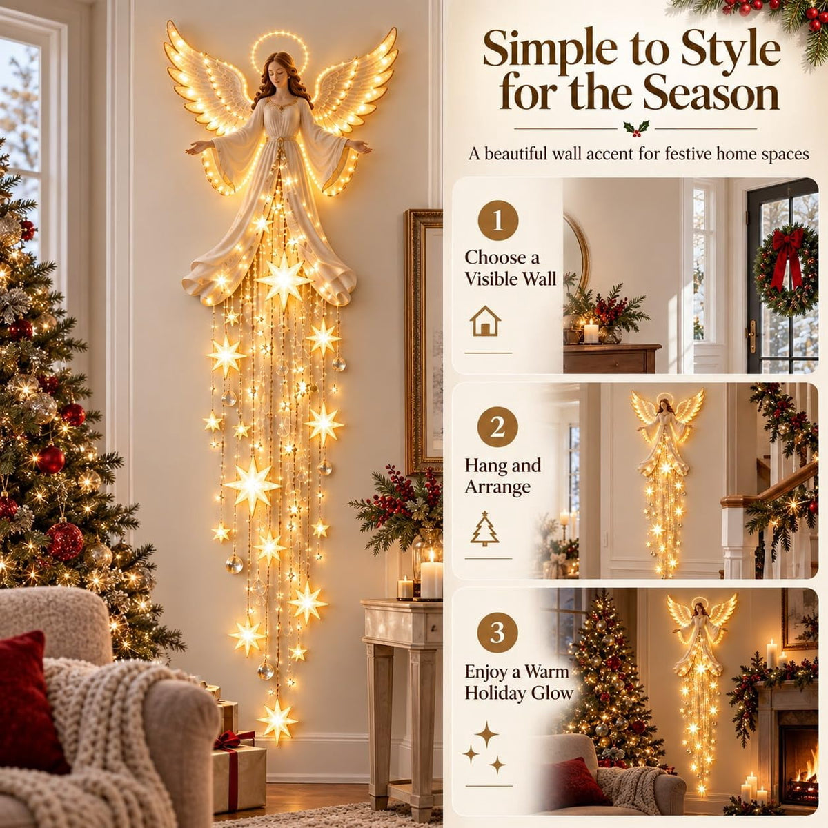 Lighted Angel Wall Decor, Bethlehem Star Christmas LED Hanging Decor
