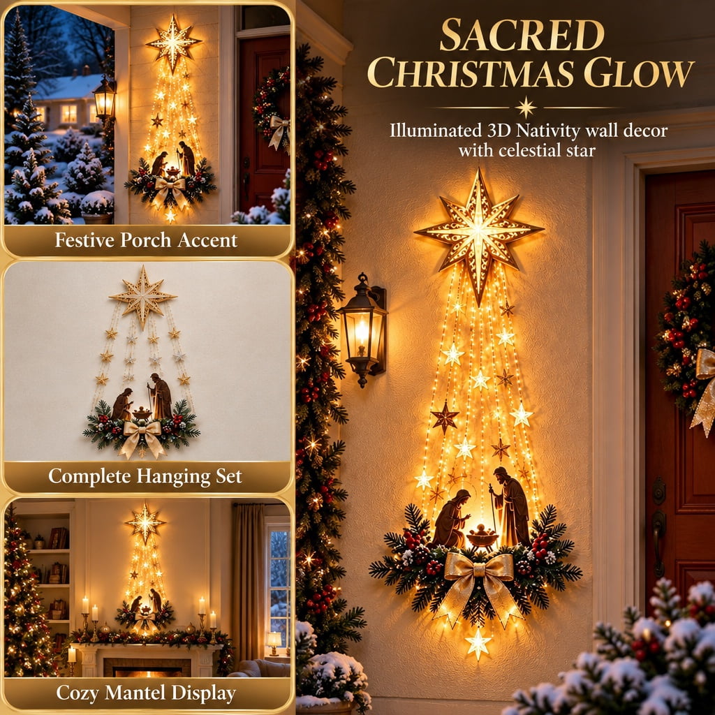 Christmas Decor,Lighted Nativity Bethlehem Star Wall Decor – Warm LED Star Lights, Gold, Indoor & Outdoor Christmas Wall Hanging