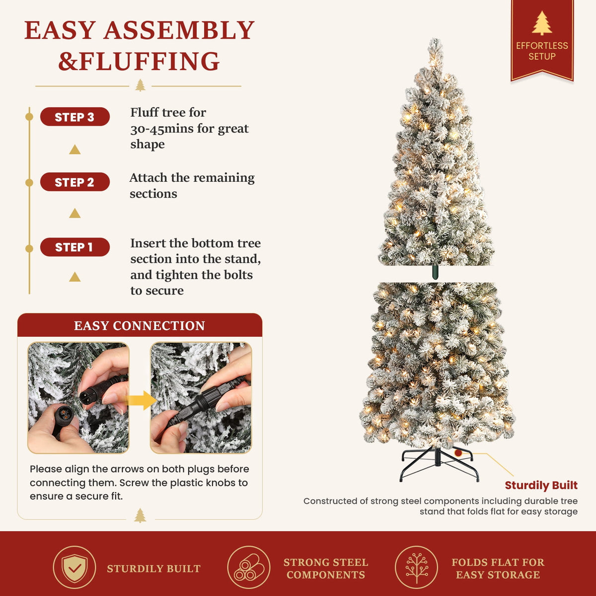 Lolsea 7ft Prelit Snow Flocked Artificial Pencil Christmas Tree with Warm White Lights, Full Branch Tips, Perfect Choice Decoration for Xmas Holiday