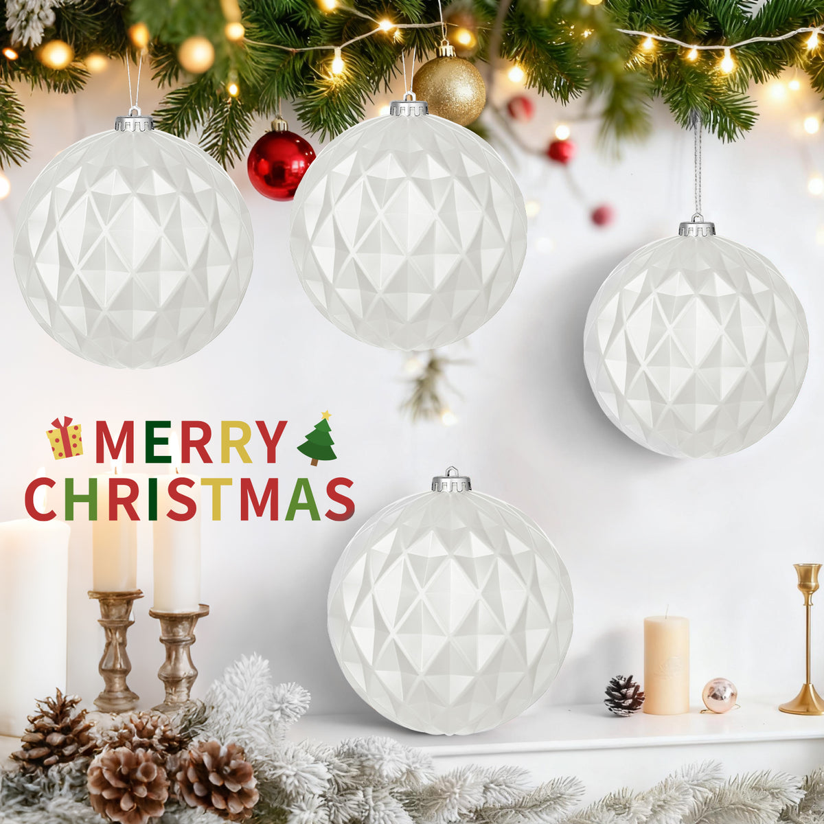 12PK 6" Shatterproof Christmas Ball Ornaments, Solid White Festive Xmas Decor, Classic Tree Ornaments for Holiday Celebration