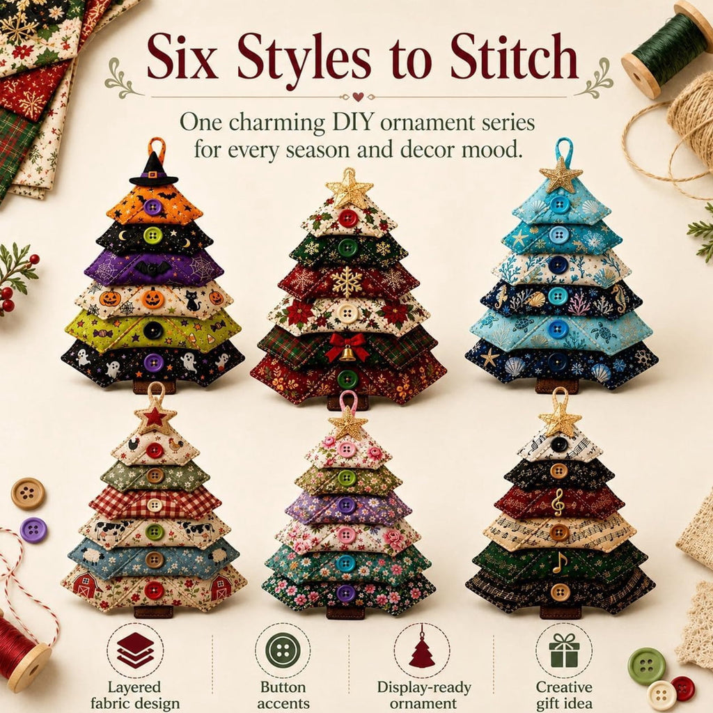 6 Pack Quilted Fabric Christmas Tree Ornament DIY Craft Set, Patchwork Xmas Tree Hanging Decoration with Buttons & Star for Farmhouse Holiday Decor