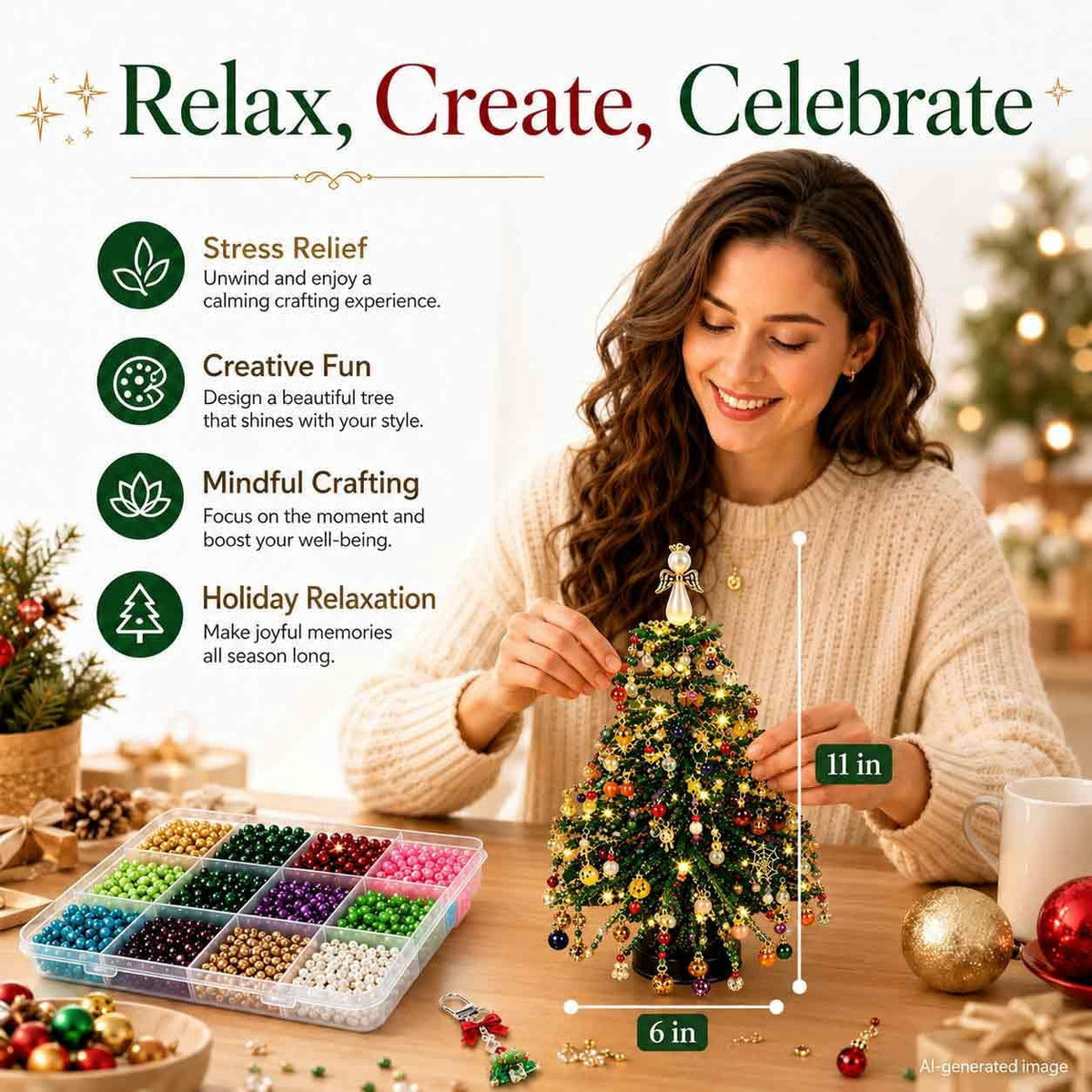 HIJUNE DIY Beaded Christmas Tree Kit, Crystal Holiday Craft Set for Adults, Colorful Beads, Ornament Charms, Metal Frame, Angel Topper, Warm Glow Display, Tabletop Decor
