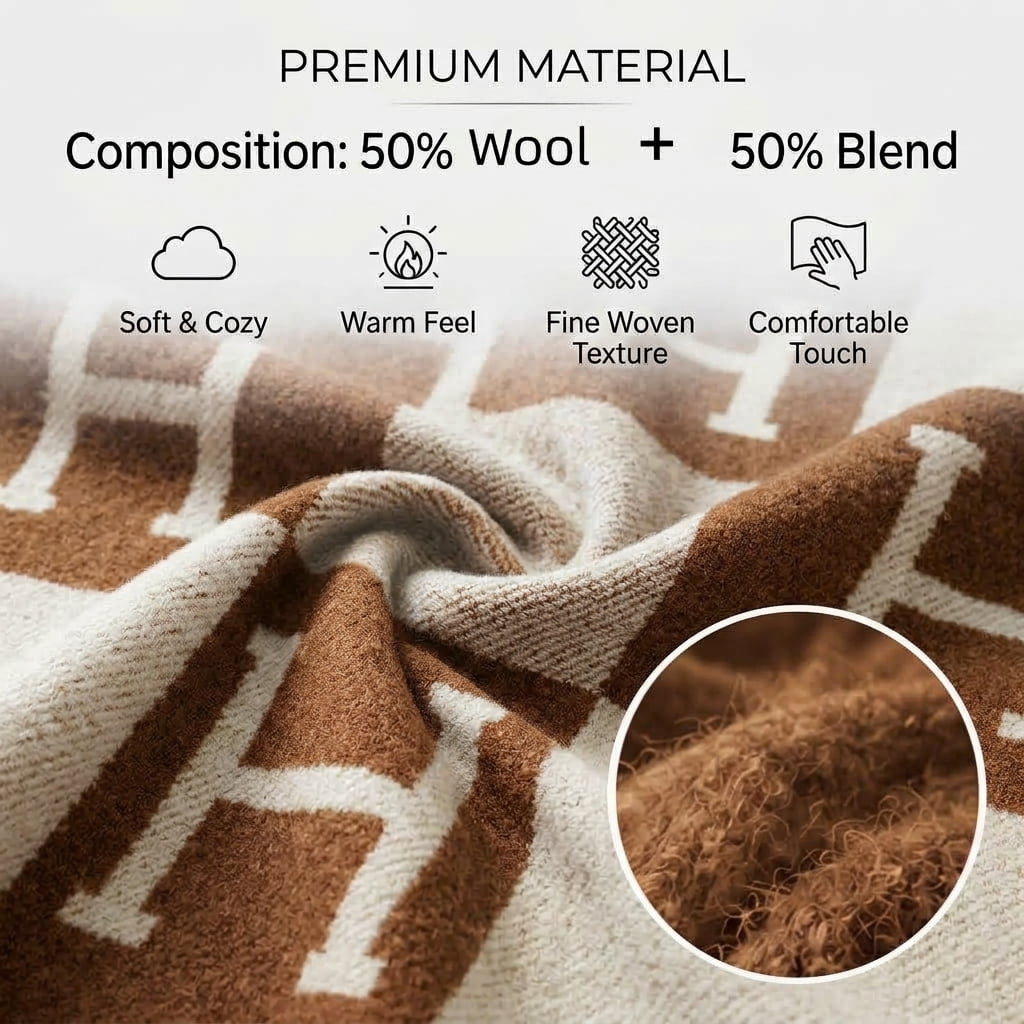 H Blanket Throw Blanket, Wool Blend Ultra Soft Warm Decorative Knit Black Blanket for Couch, Bed & Travel Christmas Thanksgiving Gift for Woman, 53" x 69"