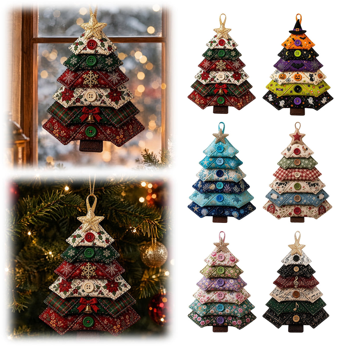 6 Pack Quilted Fabric Christmas Tree Ornament DIY Craft Set, Patchwork Xmas Tree Hanging Decoration with Buttons & Star for Farmhouse Holiday Decor