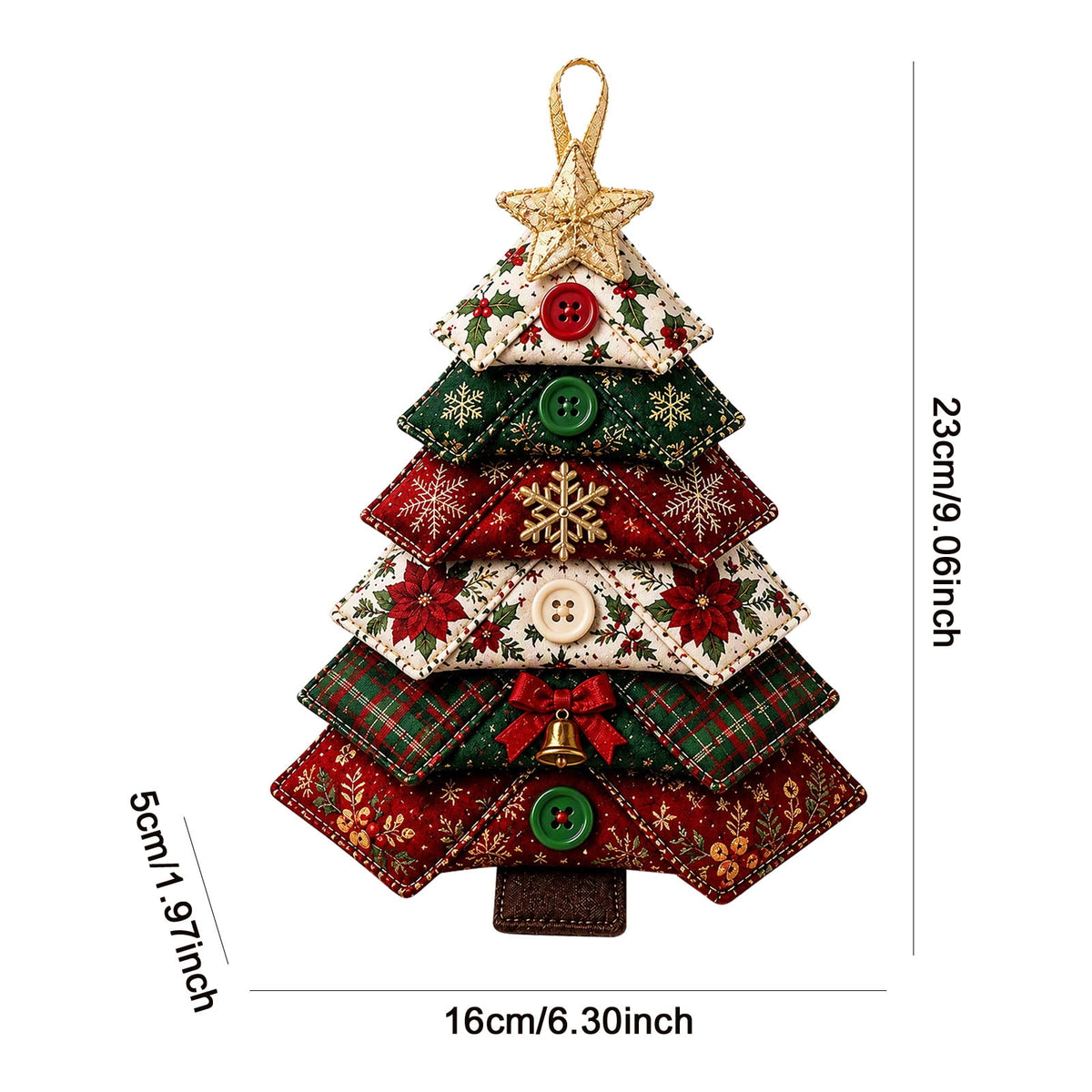 6 Pack Quilted Fabric Christmas Tree Ornament DIY Craft Set, Patchwork Xmas Tree Hanging Decoration with Buttons & Star for Farmhouse Holiday Decor