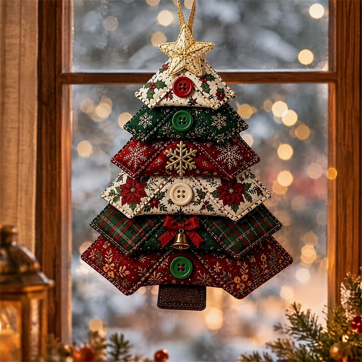 6 Pack Quilted Fabric Christmas Tree Ornament DIY Craft Set, Patchwork Xmas Tree Hanging Decoration with Buttons & Star for Farmhouse Holiday Decor