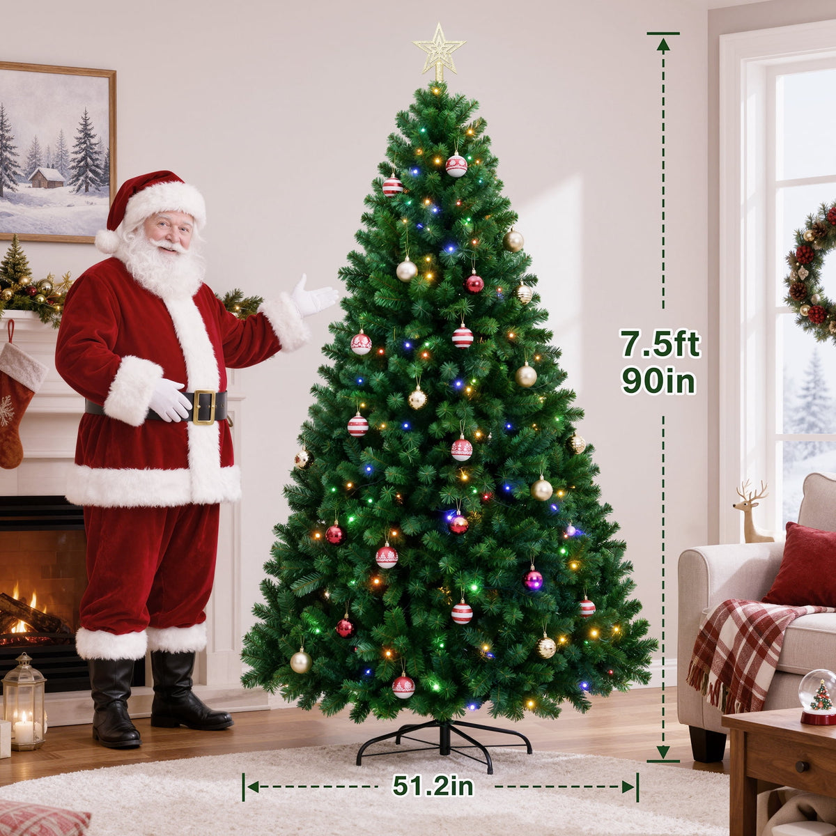 AUOSHI 7.5 FT Prelit Christmas Tree, 1600-Tip Artificial Christmas Tree with Lights, Xmas Tree with 380 LED, 11 Modes, 4 Brightness Levels, 3 Timers, Remote Control, Iron Stand, 24 Ornaments,1 Topper