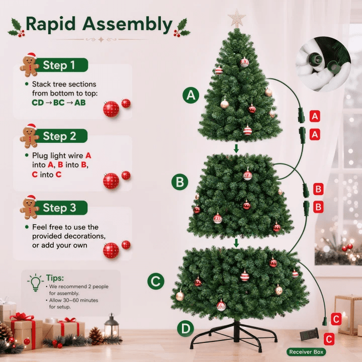 AUOSHI 7.5 FT Prelit Christmas Tree, 1600-Tip Artificial Christmas Tree with Lights, Xmas Tree with 380 LED, 11 Modes, 4 Brightness Levels, 3 Timers, Remote Control, Iron Stand, 24 Ornaments,1 Topper