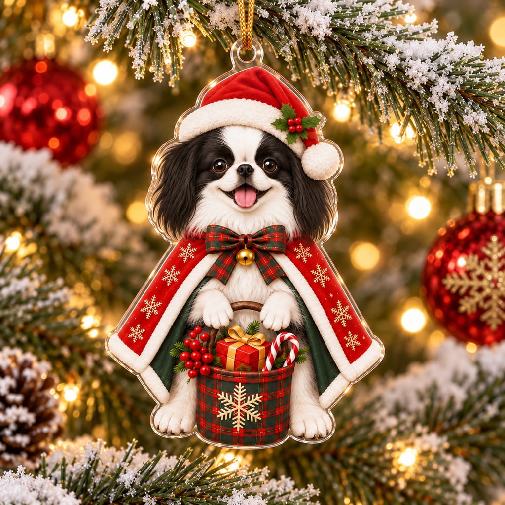 Japanese Chin Christmas Tree Hanging Ornament, Acrylic Santa Dog Gift for Pet Lovers