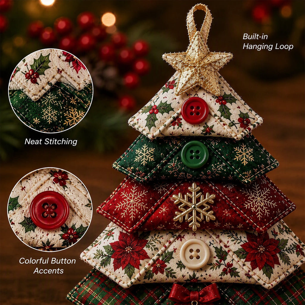 6 Pack Quilted Fabric Christmas Tree Ornament DIY Craft Set, Patchwork Xmas Tree Hanging Decoration with Buttons & Star for Farmhouse Holiday Decor