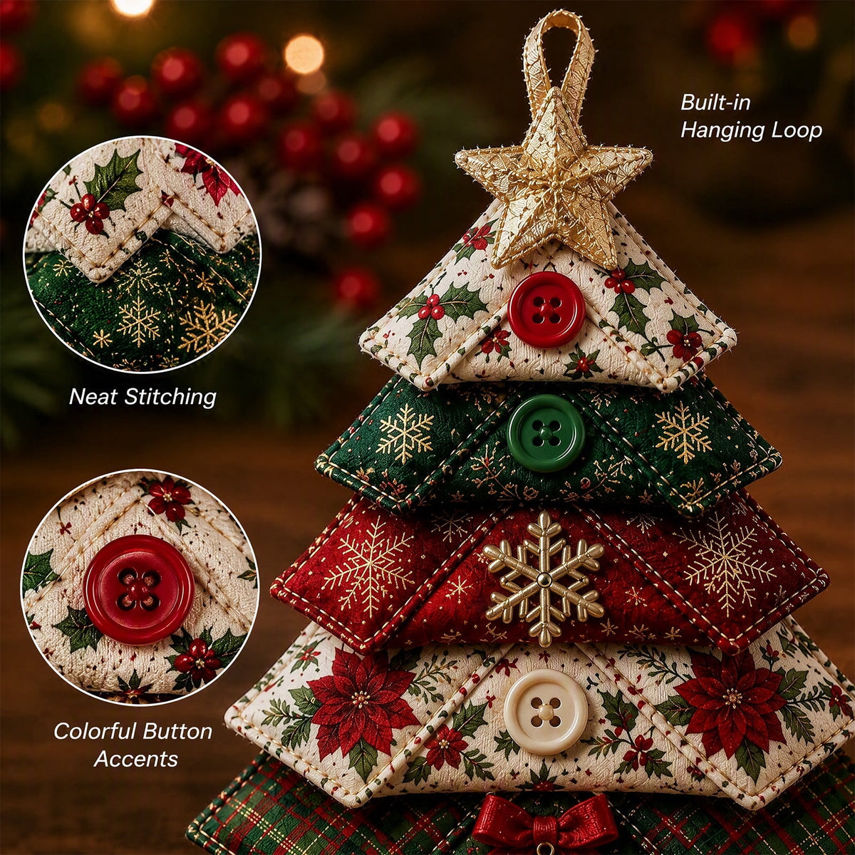 6 Pack Quilted Fabric Christmas Tree Ornament DIY Craft Set, Patchwork Xmas Tree Hanging Decoration with Buttons & Star for Farmhouse Holiday Decor