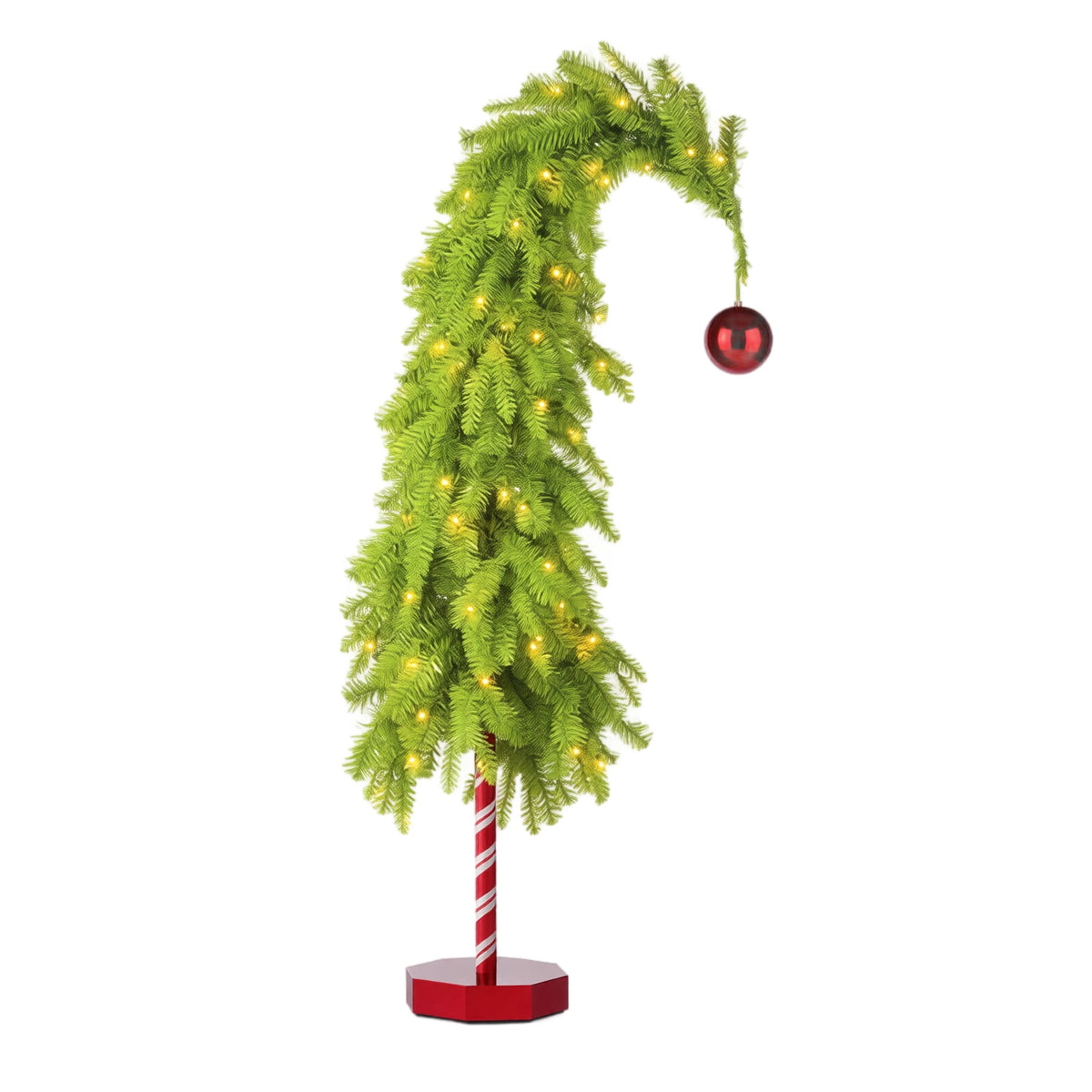 MInHoues Lighted Whimsical Christmas Tree, 55" Pre‑Lit Warm LED Bent Christmas Tree with Red Ornament, Candy Cane Base Tabletop Holiday Decor, Battery Operated Small Curved Xmas Tree for Home Party