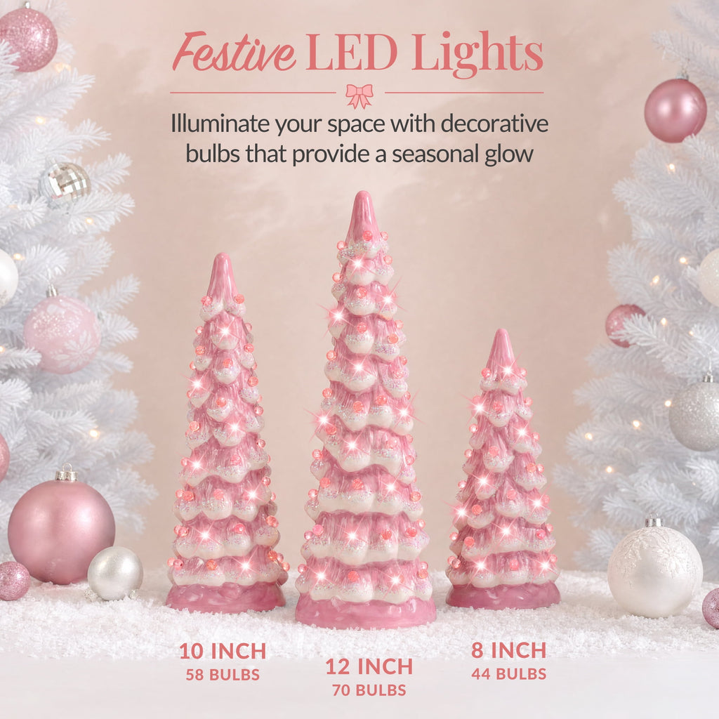 Best Choice Products Set of 3 Pre-Lit Hand-Painted Ceramic Tabletop Christmas Trees w/ Pink Bulbs - Pink