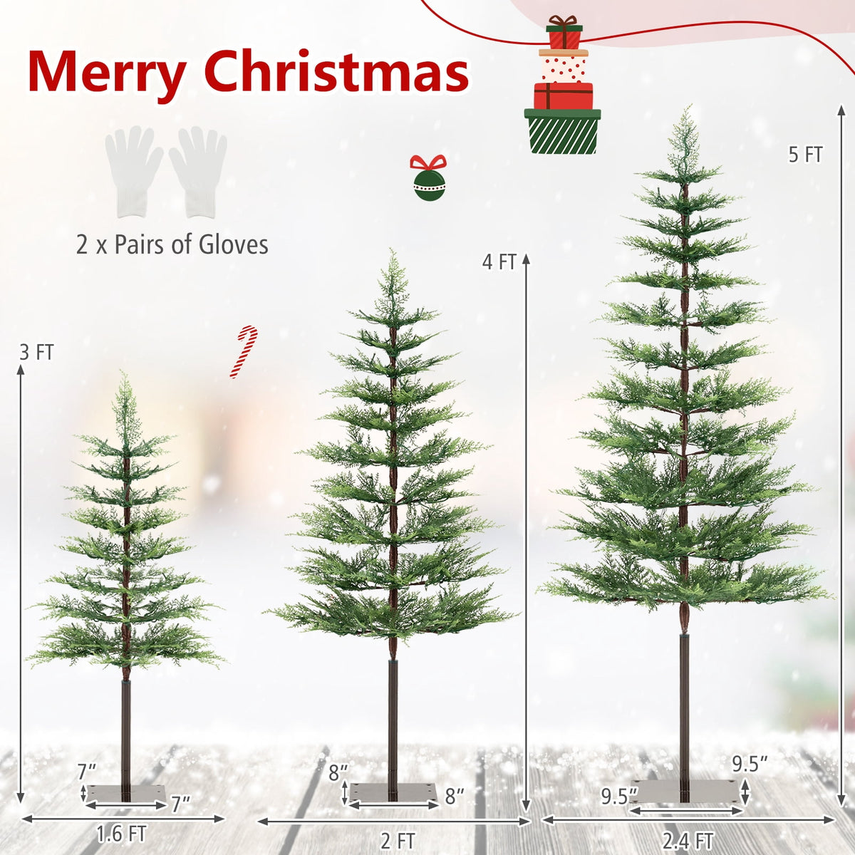 Costway Pre-Lit Christmas Tree Set of 3 Slim Artificial Lighted Xmas Decoration 3/4/5 FT