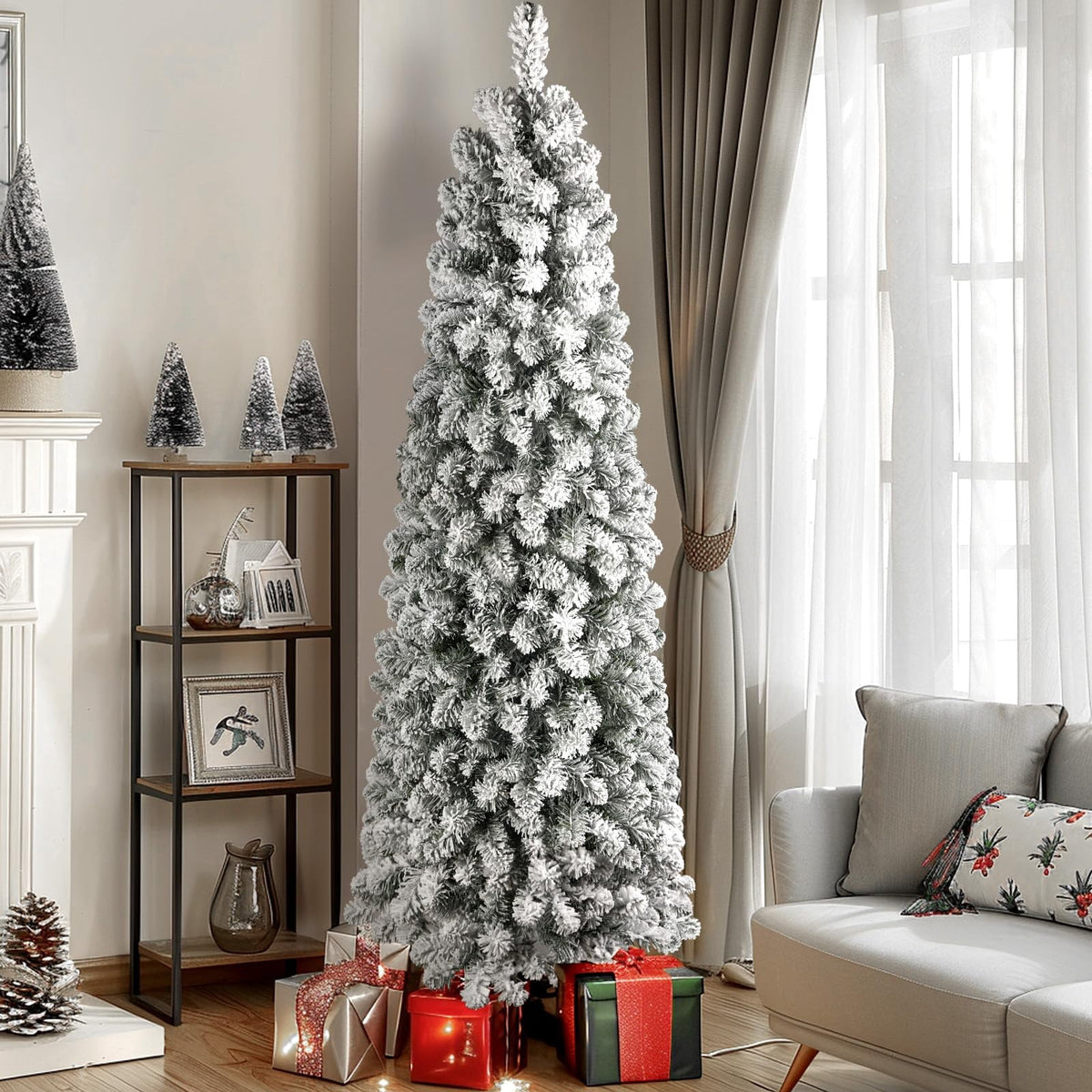 Lolsea 7ft Prelit Snow Flocked Artificial Pencil Christmas Tree with Warm White Lights, Full Branch Tips, Perfect Choice Decoration for Xmas Holiday