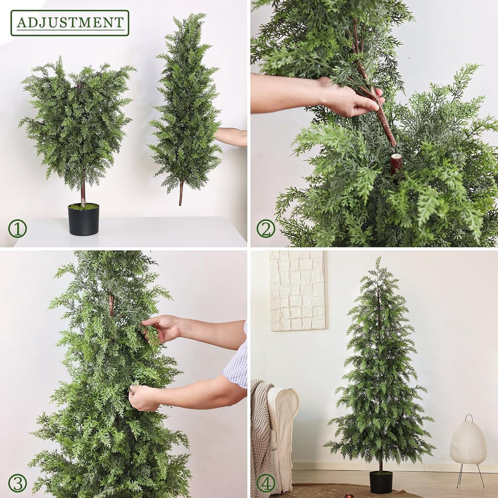 2 Set 4FT Lifelike Touch Artificial Cedar Topiary Trees for Front Porch | Fake Christmas Trees, Faux Potted Plants, UV Resistant Fake Greenery, for Front Door Garden Outdoor Farmhouse Home Decoration