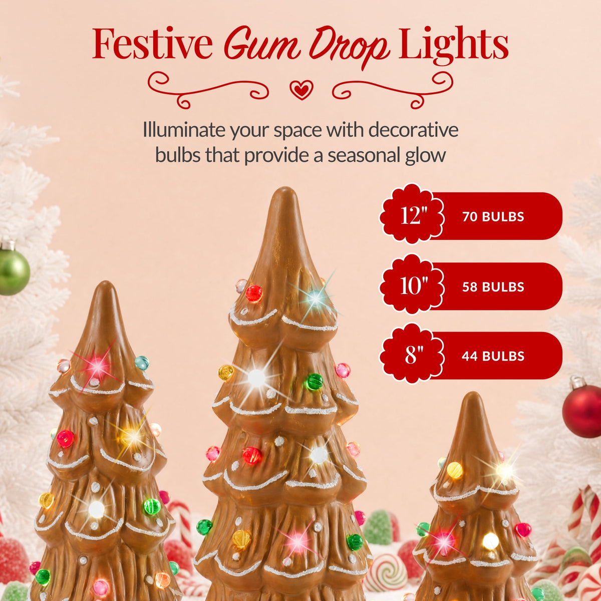 Best Choice Products Set of 3 Pre-Lit Hand-Painted Ceramic Tabletop Christmas Trees w/ Pink Bulbs - Pink